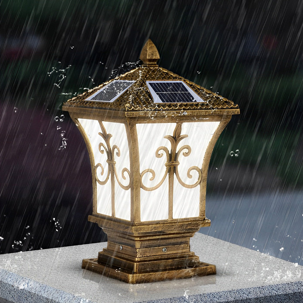 Pillar lantern lights with a close-up of their detailed craftsmanship and bronze finish.