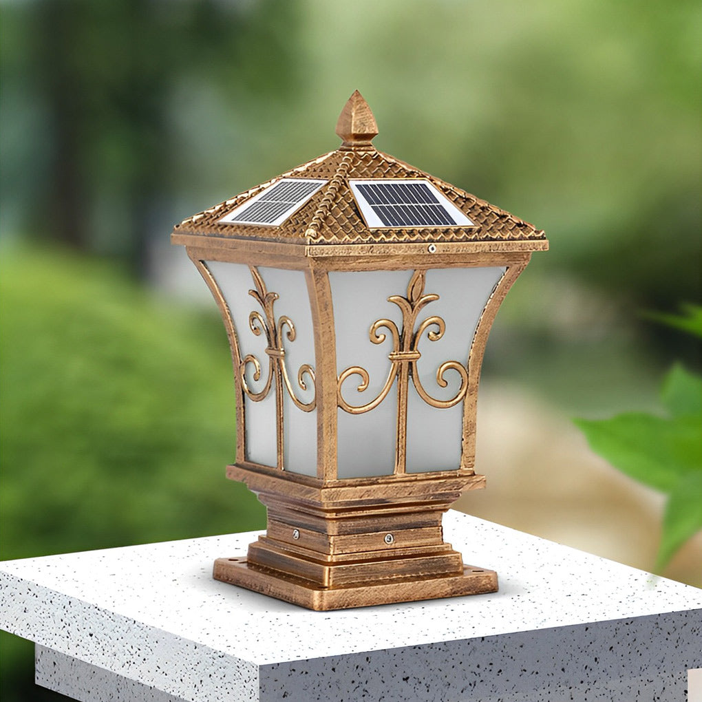 Pillar lantern lights providing soft illumination along a garden path during rain.