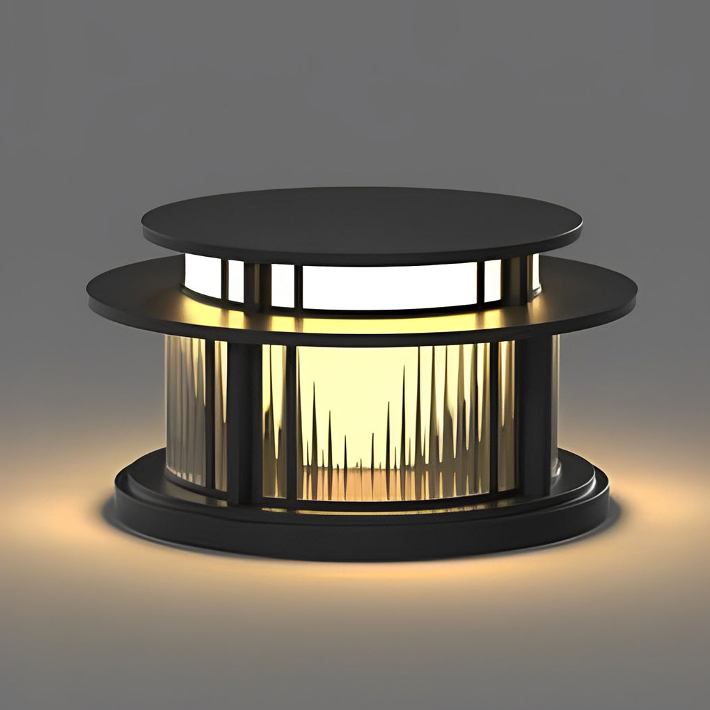 Pillar solar light product view with warm light effect on dark background.