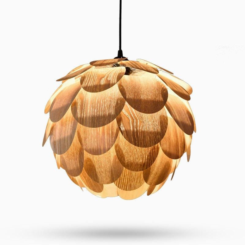 Pinecone pendant light with a natural wood design, hanging in a modern living room.
