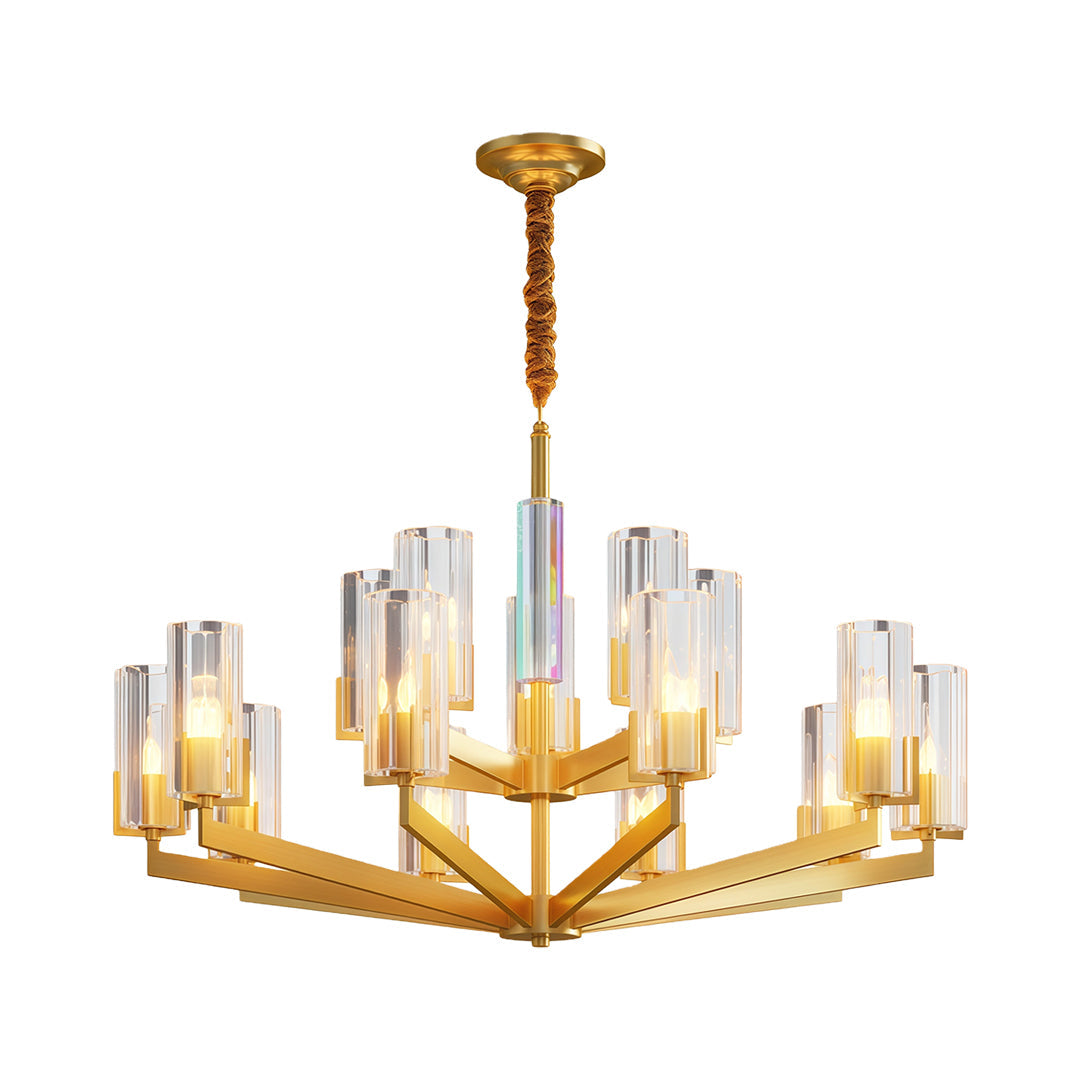 Modern luxury chandeliers with polished brass and artistic asymmetrical glass tube design