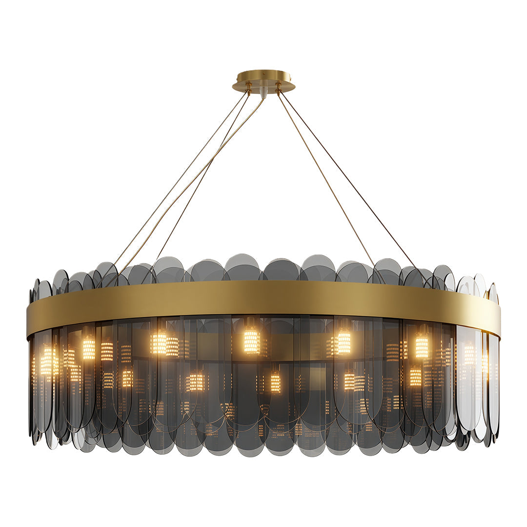 Modern luxury chandeliers with polished brass and elongated smoked glass configuration