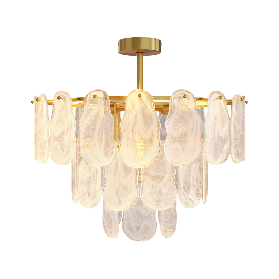 Luxury midcentury modern chandeliers featuring polished brass with layered translucent glass disc design.