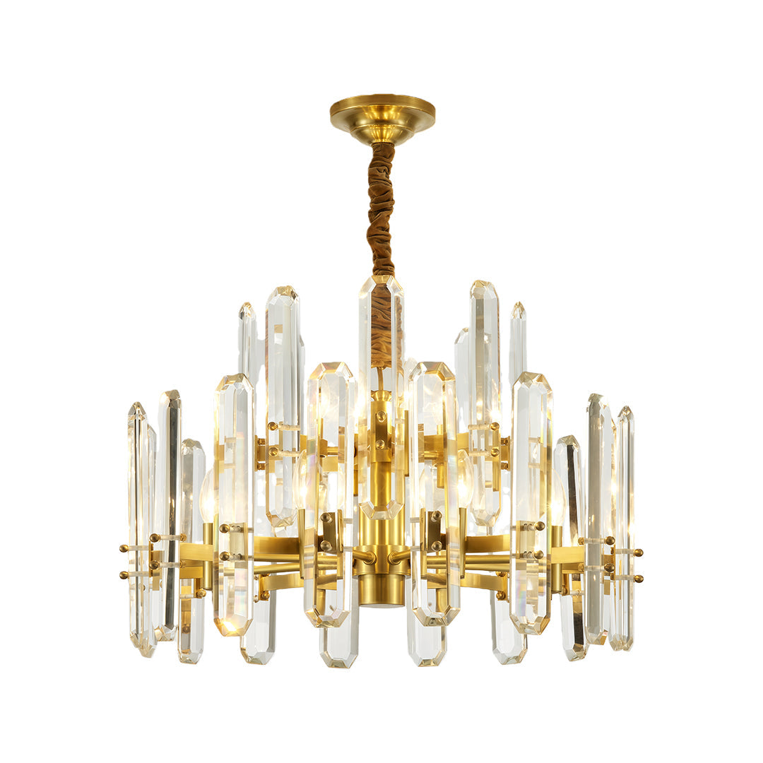 Modern luxury chandeliers with polished brass and vertical clear crystal rod design