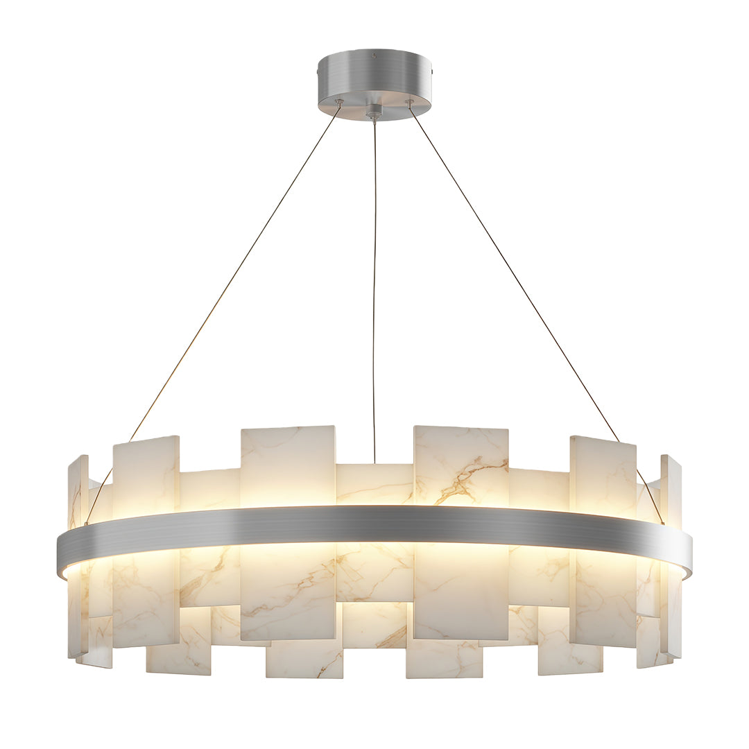Modern luxury chandeliers featuring polished chrome with symmetrical acrylic panel design