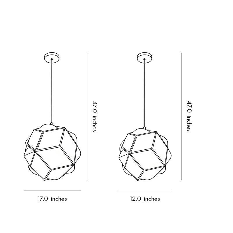 Polyhedron pendant light with a close-up of its geometric structure and modern design.