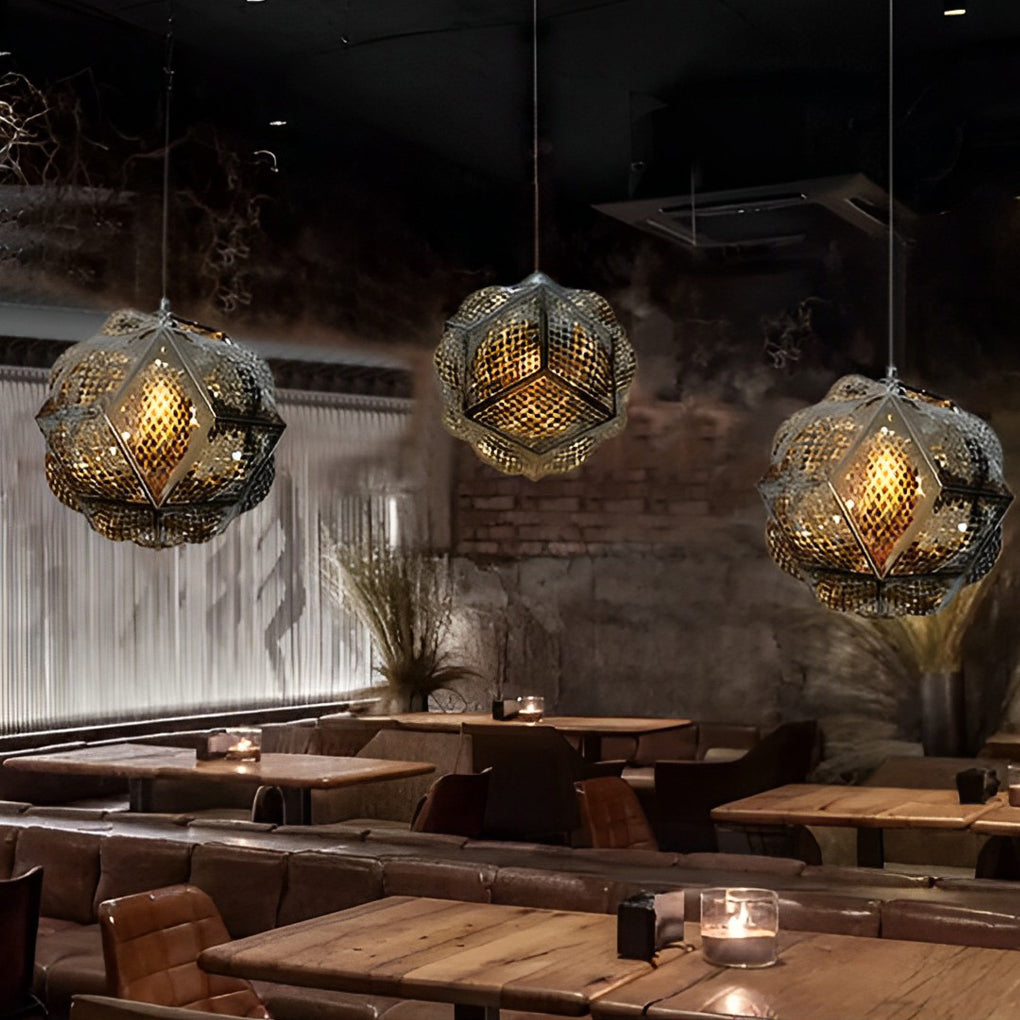 Polyhedron pendant light with a detailed view of its geometric structure.