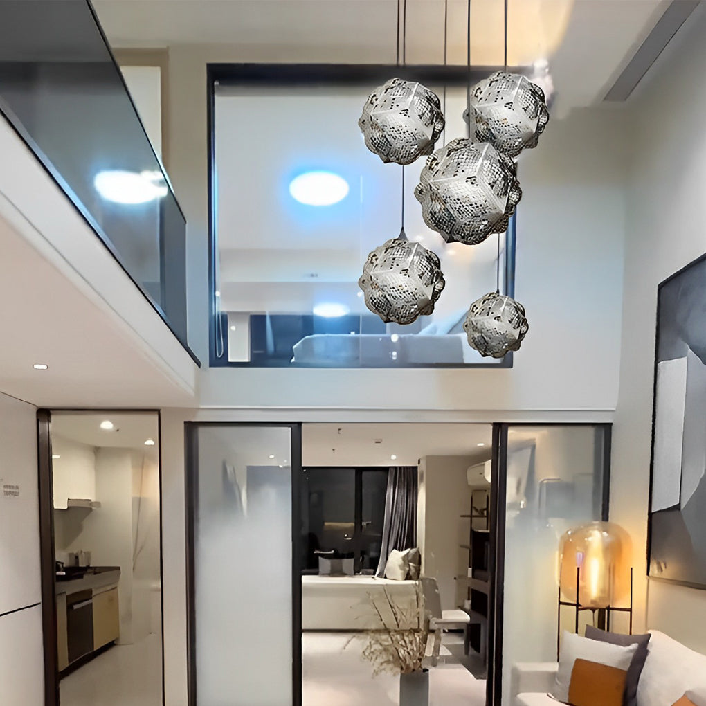 Polyhedron pendant light with a sleek design, installed in a stylish living room.