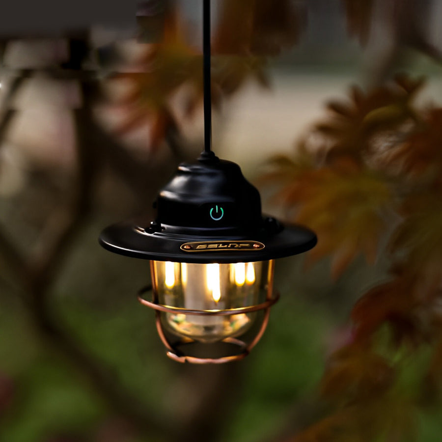 Portable hanging light with a black cage, hanging beside a tree trunk for a rustic feel.