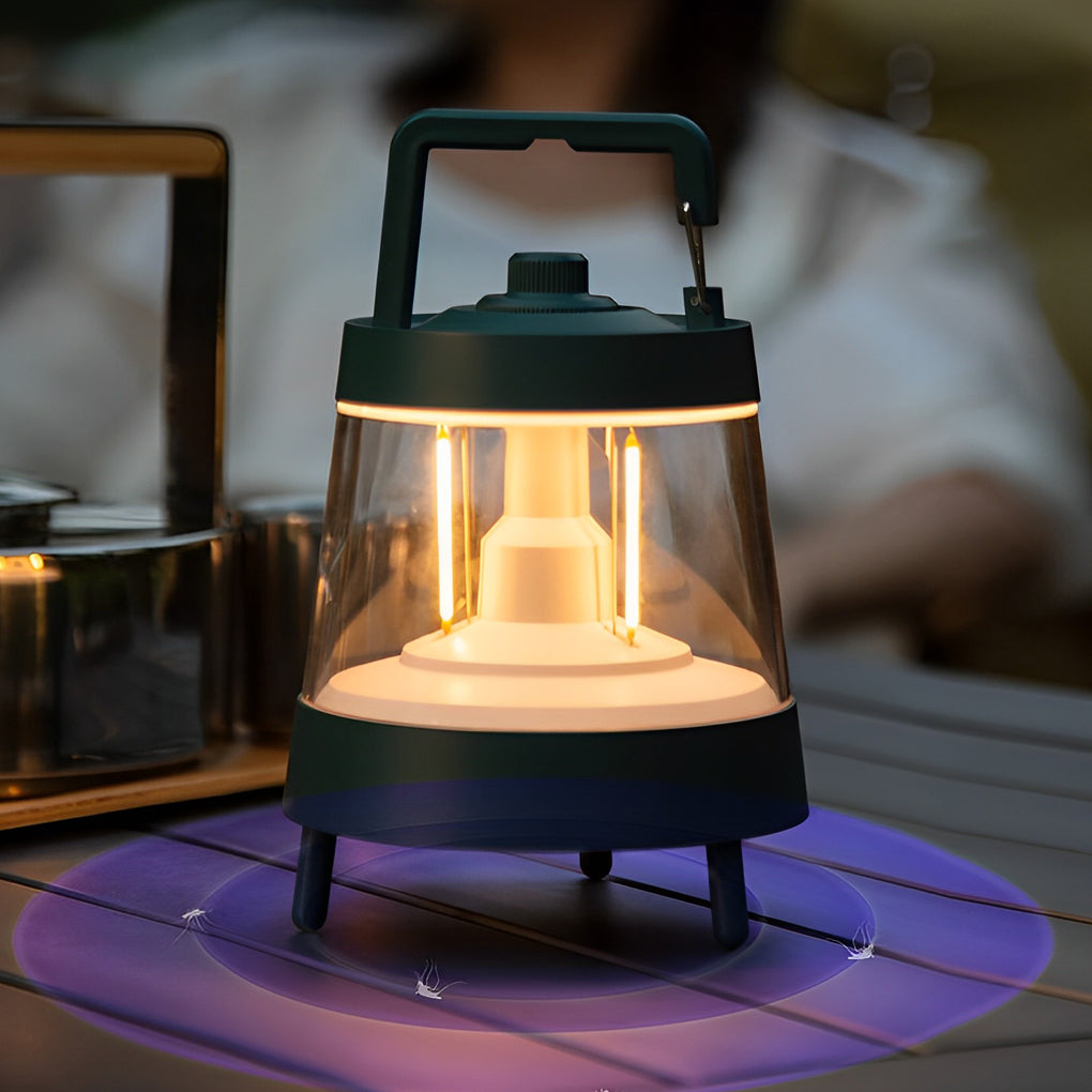 Portable rechargeable LED lamp with a close-up of its glowing light and handle.