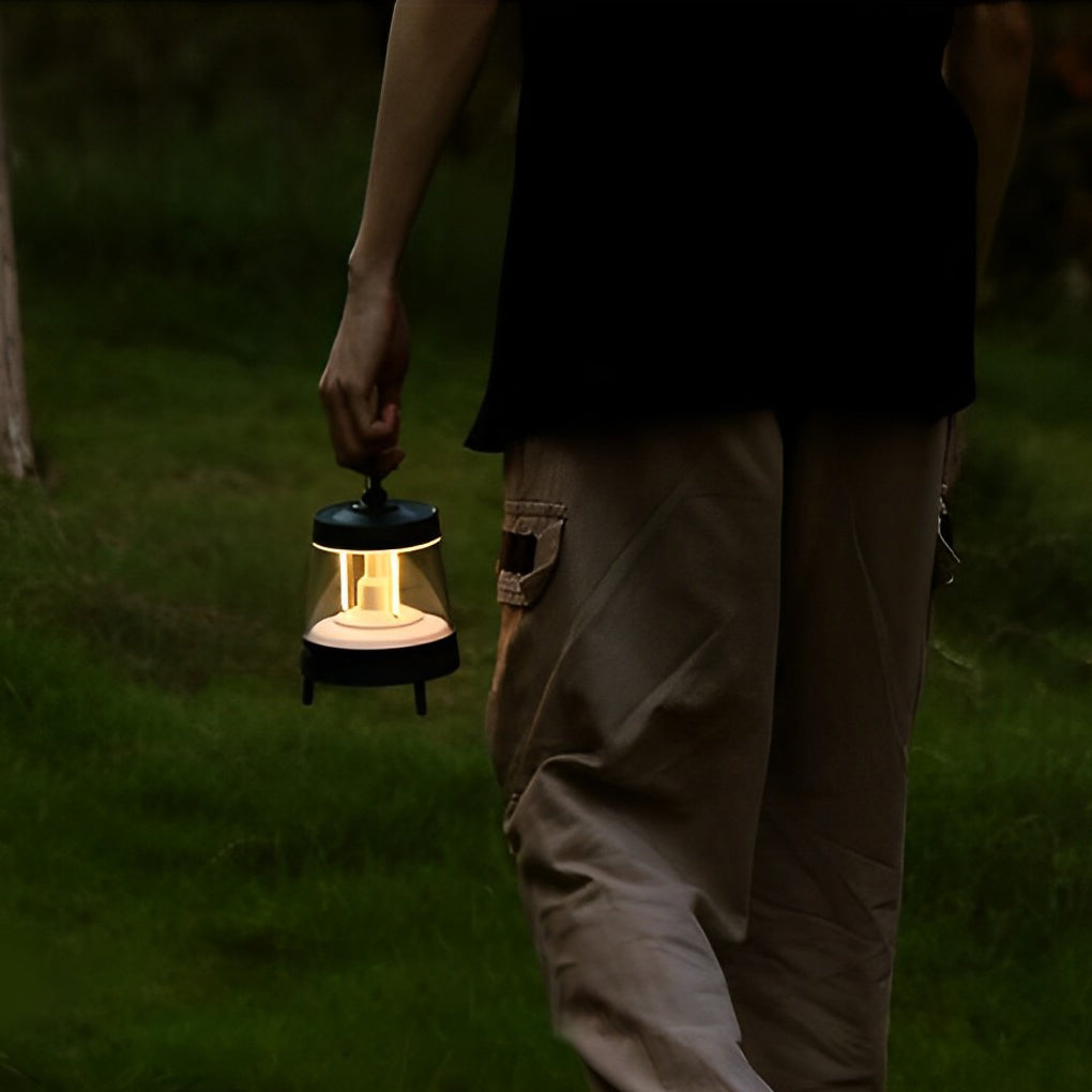 Portable rechargeable LED lamp with a close-up of its portable handle.