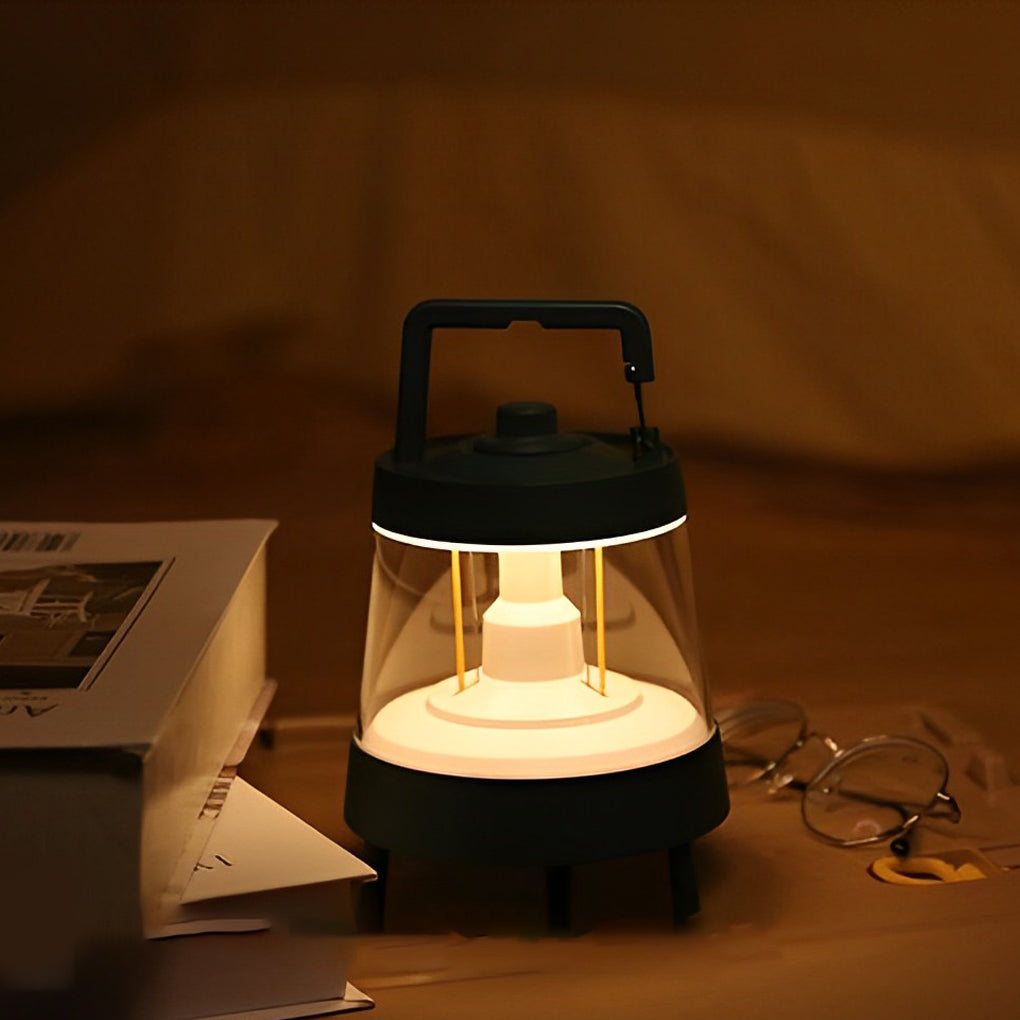 Portable rechargeable LED lamp with a modern design, used for outdoor cooking.