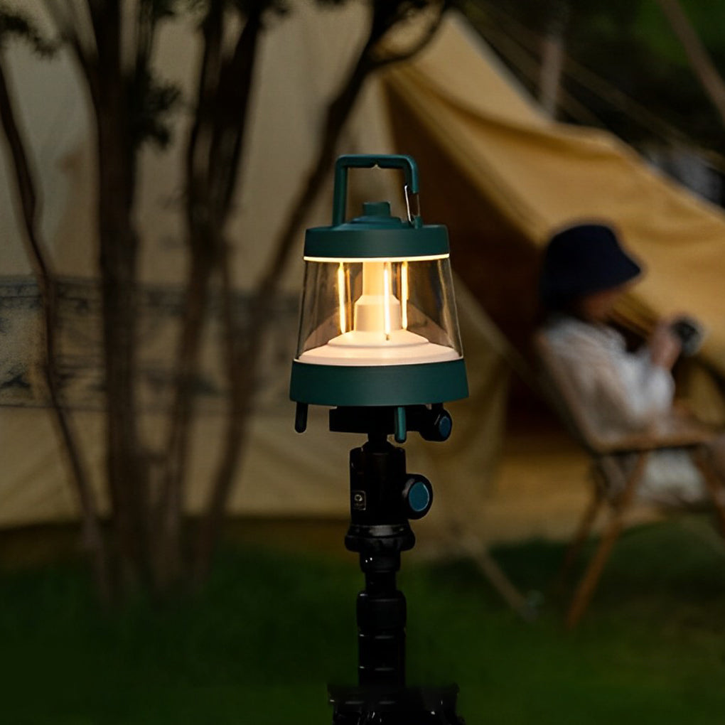 Portable rechargeable LED lamp with a sleek design, placed on a wooden table.