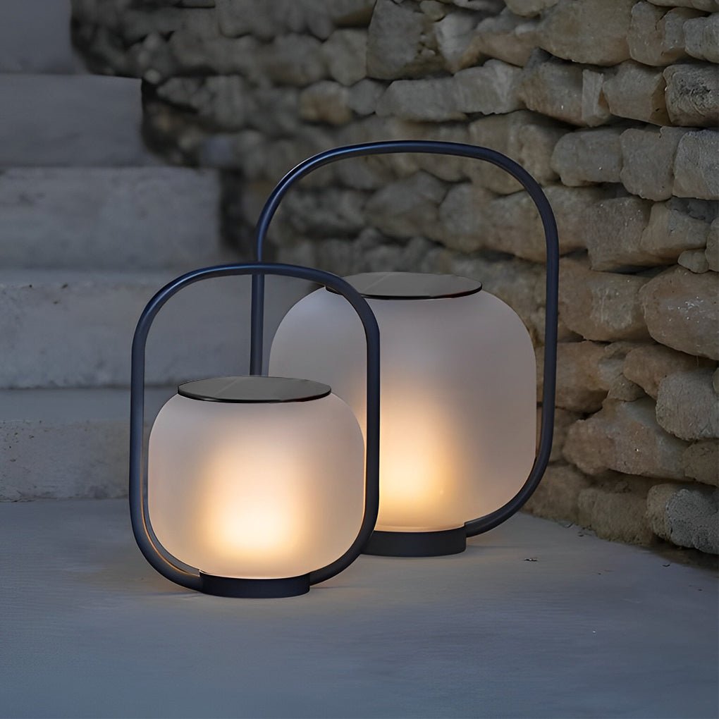 Portable solar lanterns grouped together, casting a gentle glow by a poolside.