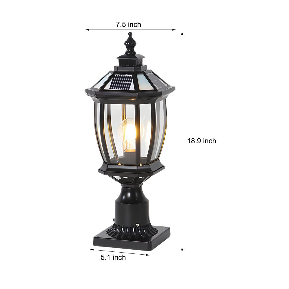 Technical specification diagram showing precise height and width measurements for traditional post lantern fixture