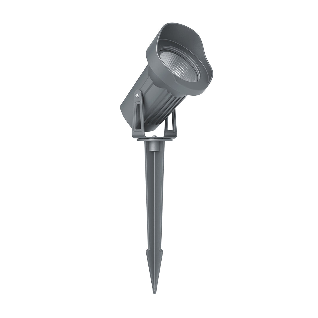 Professional gray LED spotlight with ground stake mount for landscape and architectural accent lighting