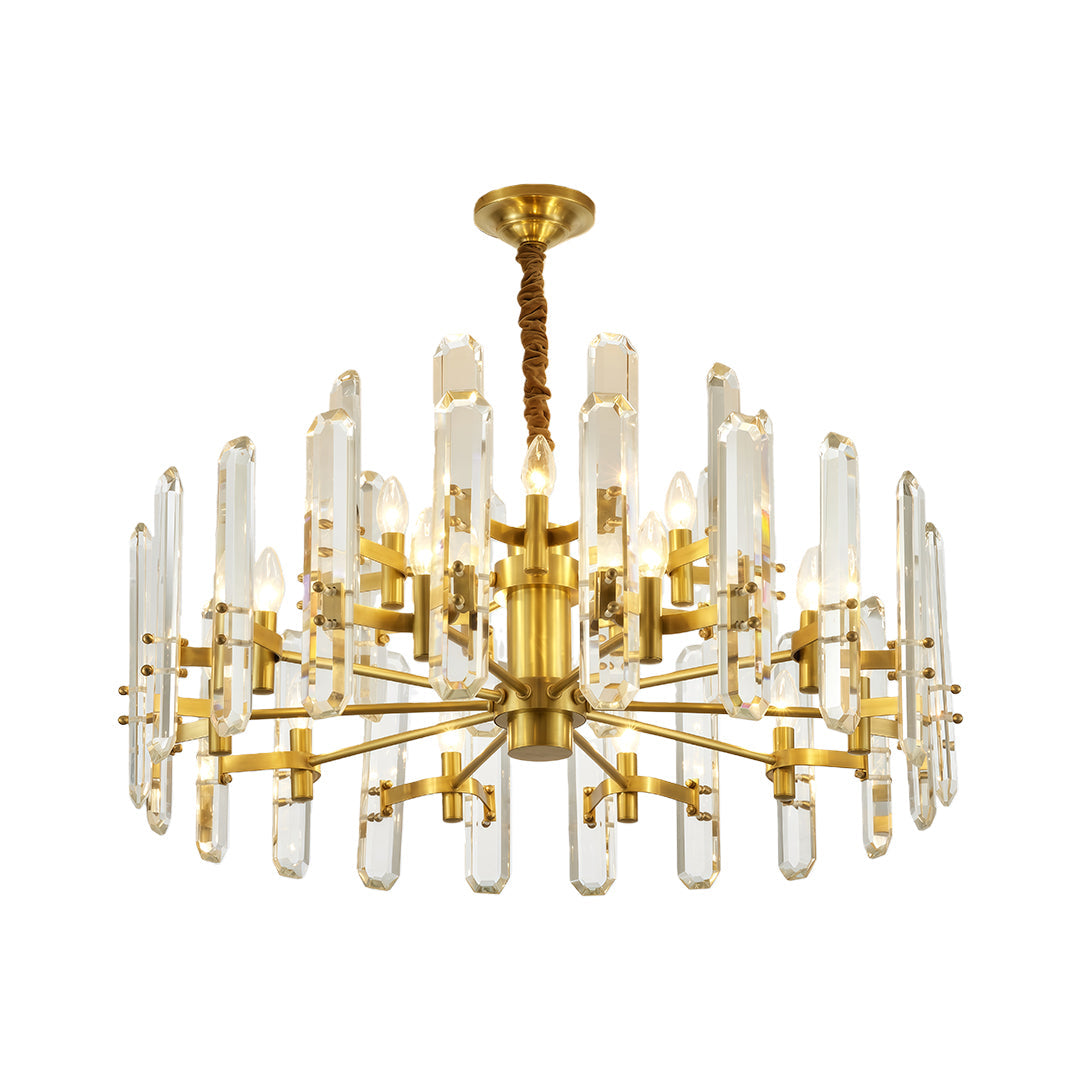 Chandelier brass modern featuring radial brass arms with cylindrical crystal glass shades