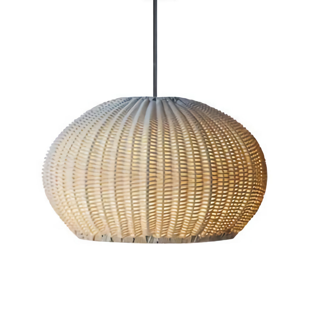 Dimension diagram of rattan outdoor pendant lights showing various sizes for installation reference.