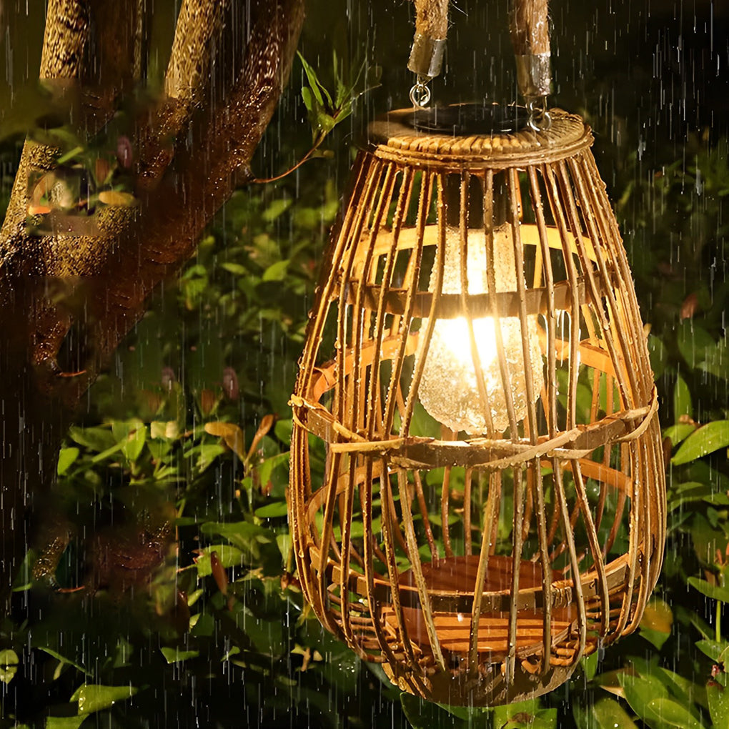 Rattan solar lantern with a close-up of its intricate woven pattern and soft glow.