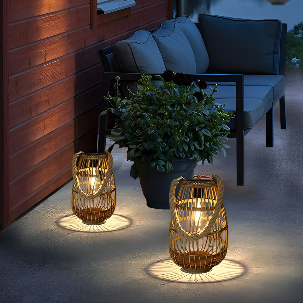 Rattan solar lantern with a close-up of its woven texture and warm light.
