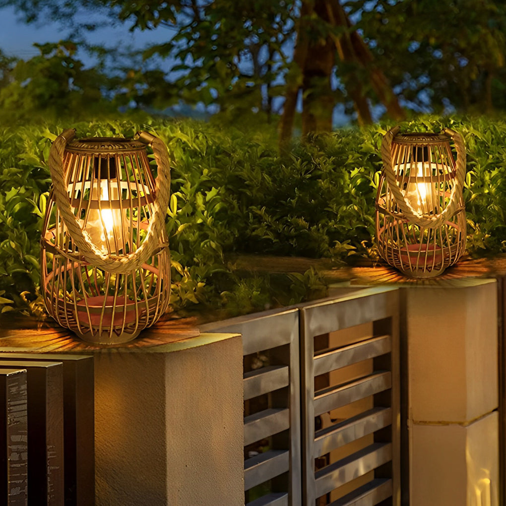 Rattan solar lantern with a hanging design, providing ambient light in a tropical setting.