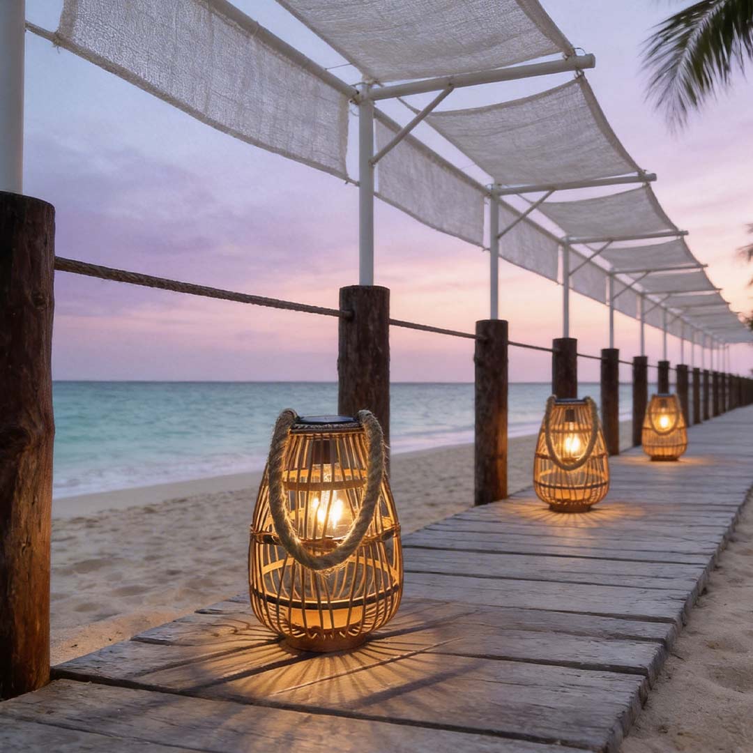 Rattan solar lantern with a natural finish, placed beside a beachside lounge area.