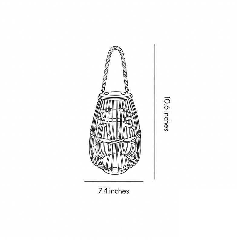 Technical diagram showing dimensions and structure of rattan solar lantern models.