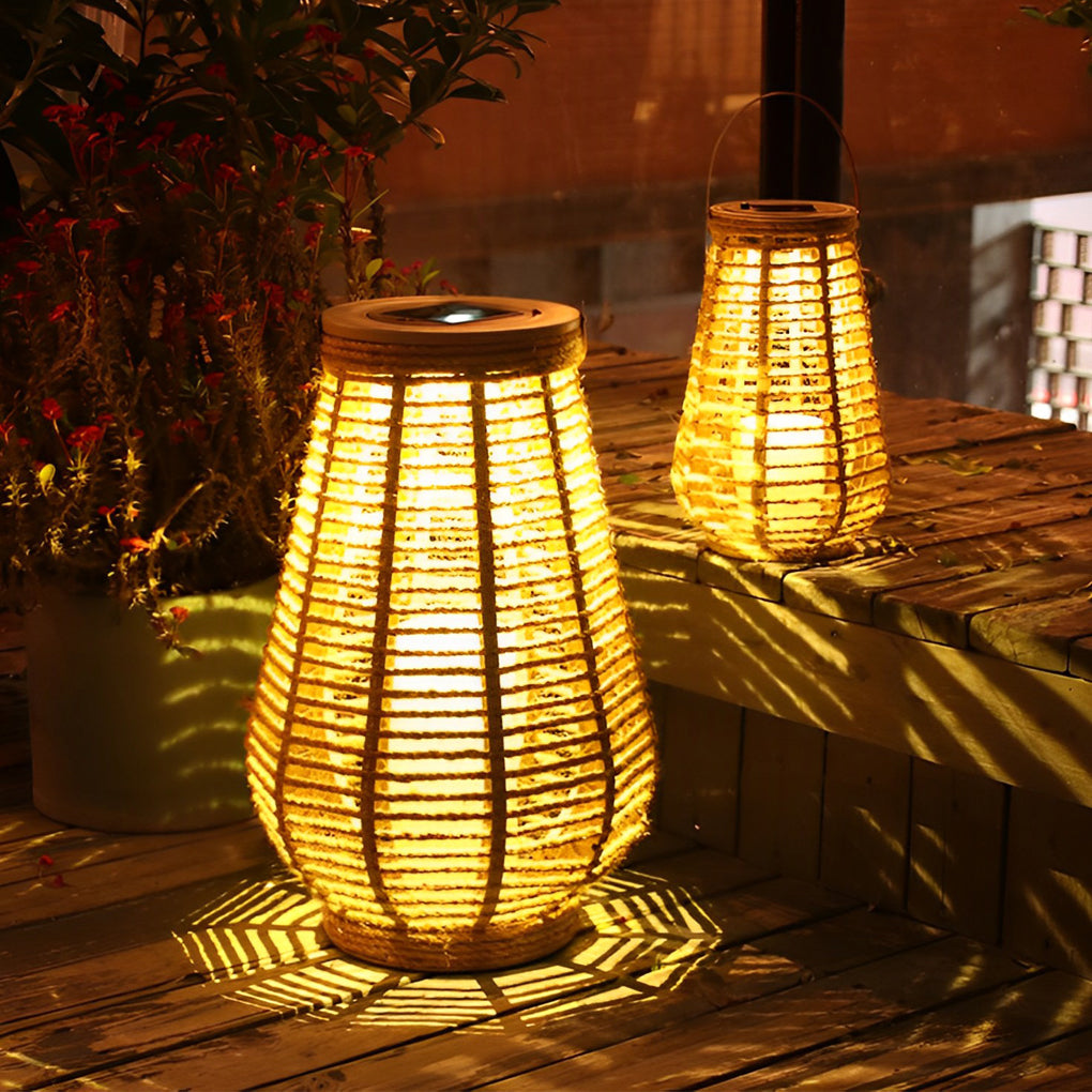 Rattan solar lantern on wooden deck creating cozy outdoor evening atmosphere.