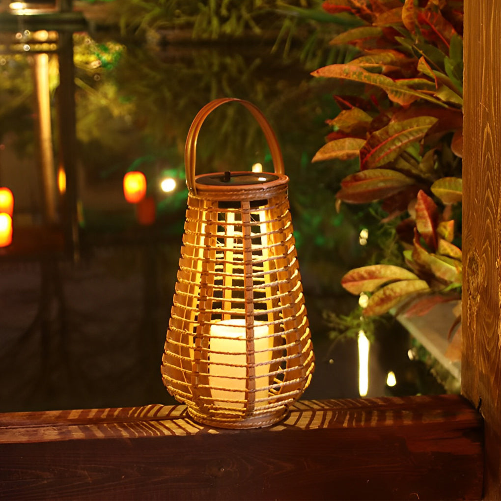 Close up of rattan solar lantern texture showing woven design and solar panel top.