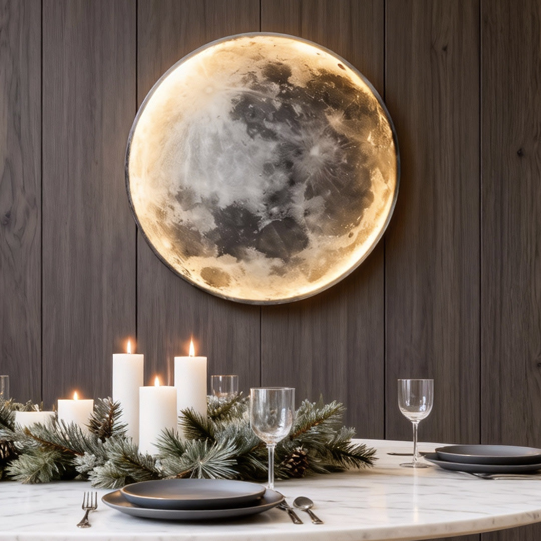 Full moon lamp wall decor with realistic moon surface texture, mounted above dining table for ambient and elegant lighting