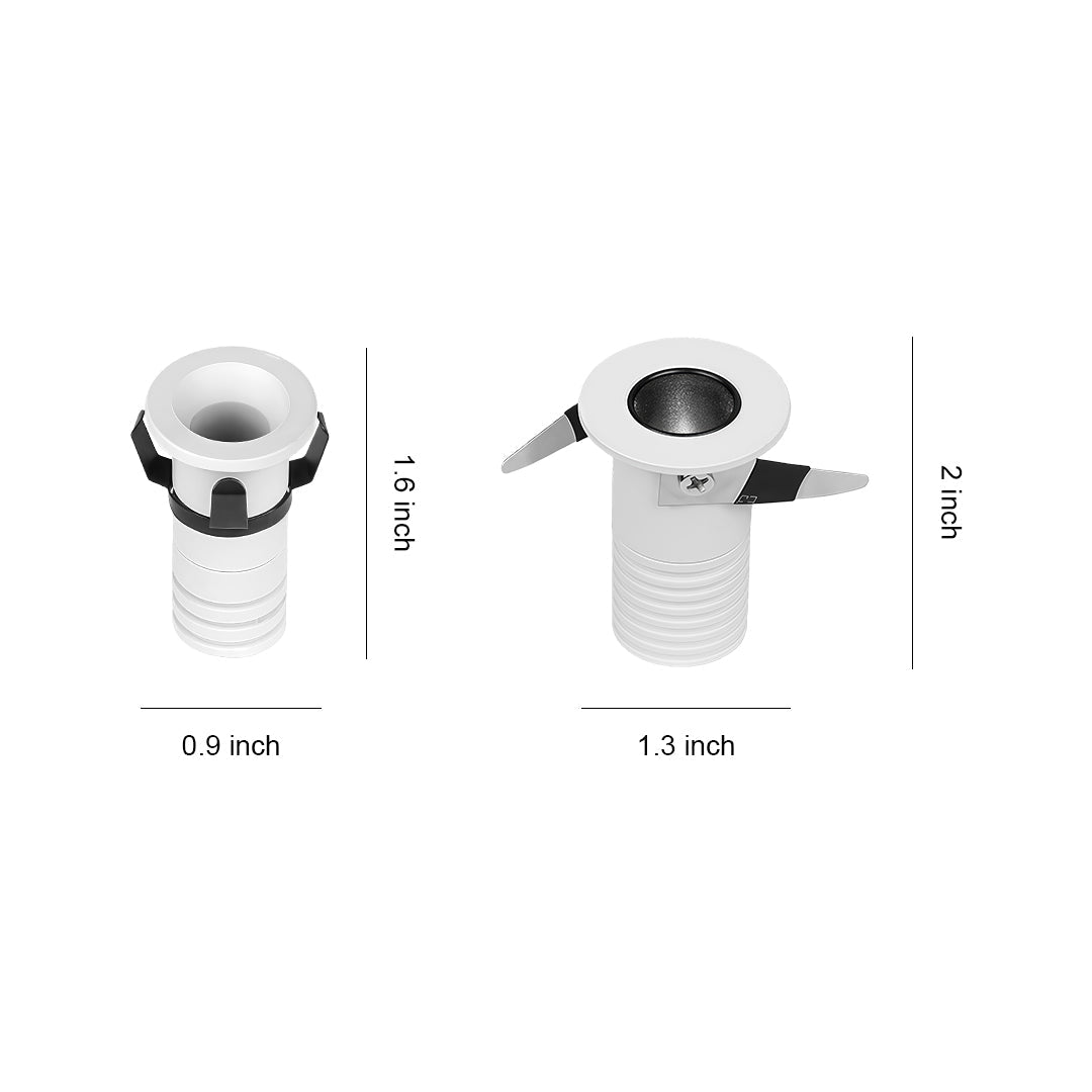 Recessed ceiling spotlights design reference showing two compact white fixtures with chrome and black bezels.