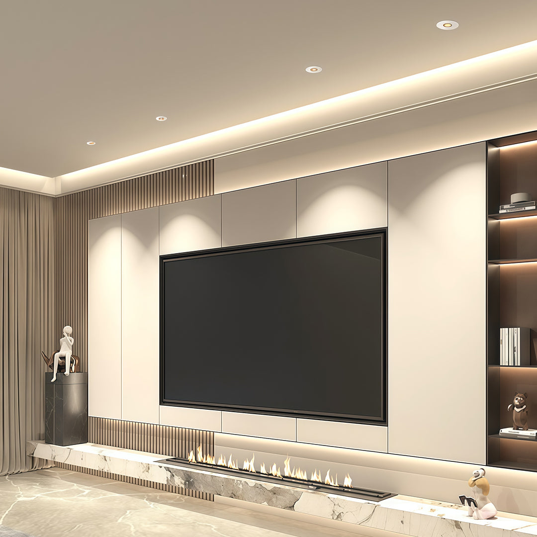 Recessed LED ceiling lights creating layered lighting design in living room entertainment area.