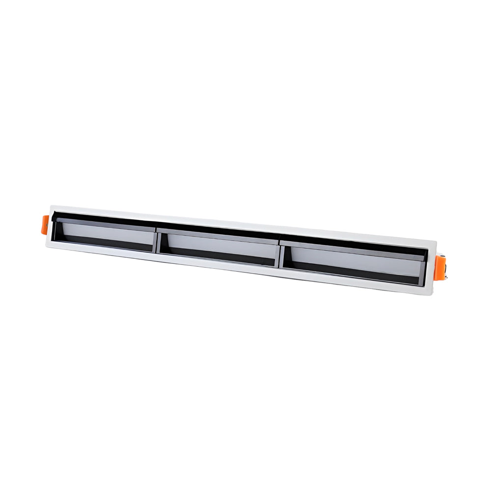 Multi-section recessed linear light fixture for continuous lighting layouts