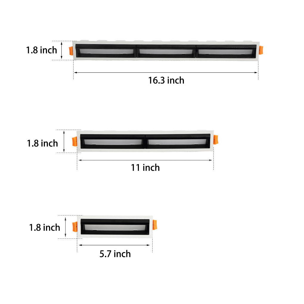 Recessed linear light fixture size and dimension chart with multiple length options