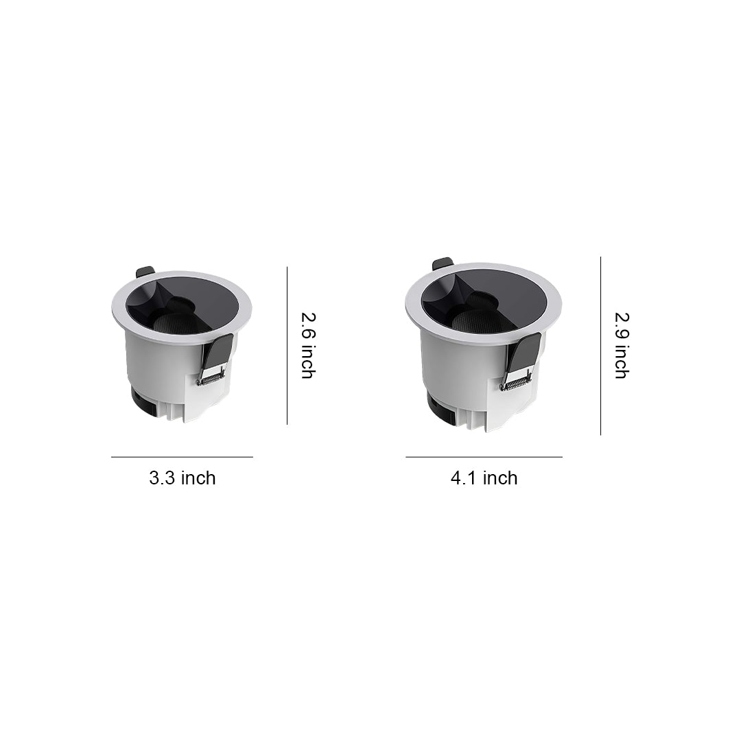Recessed spotlight showing two sizes with black housing and dimension measurements on white background