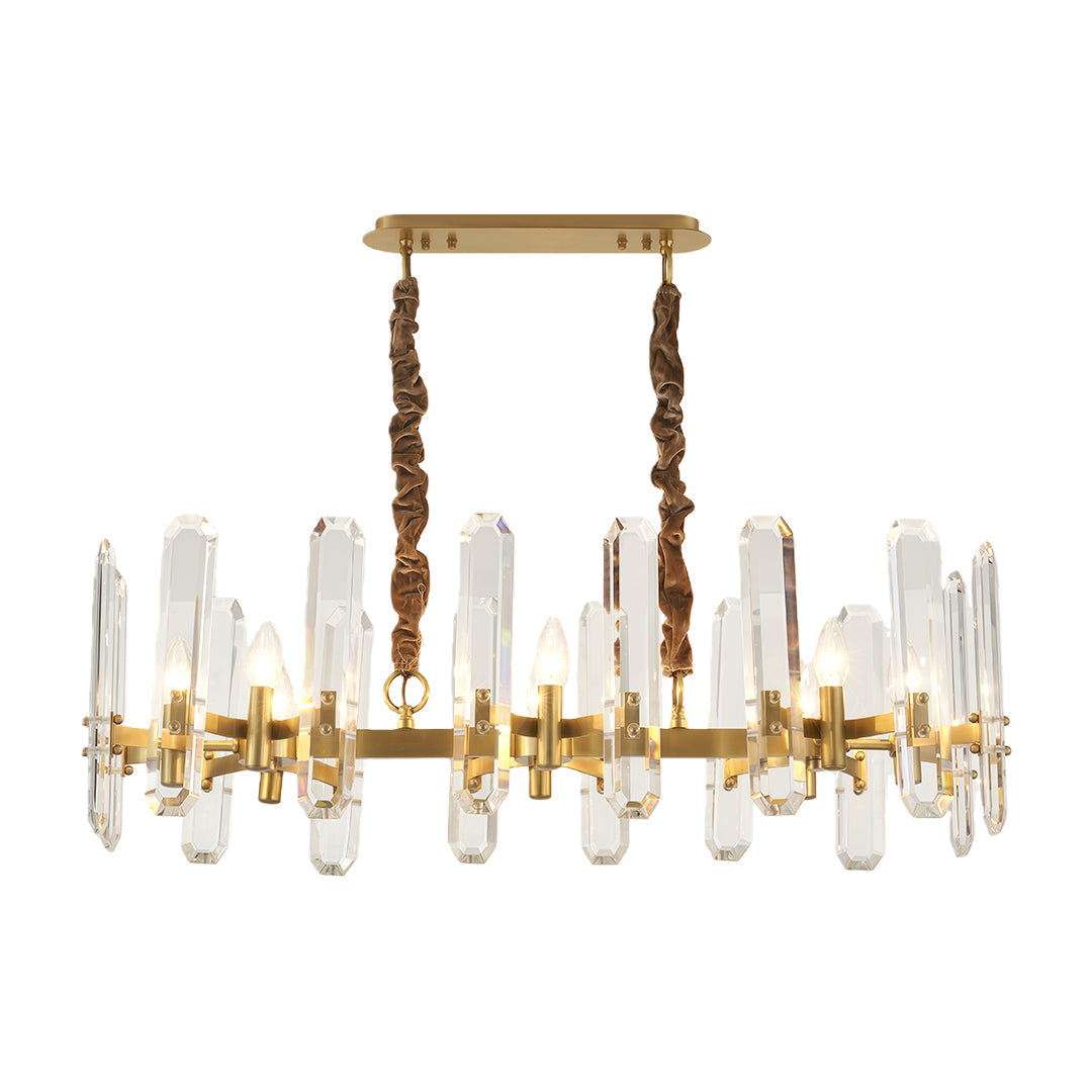 Modern luxury chandeliers with rectangular brass frame and hanging crystal elements