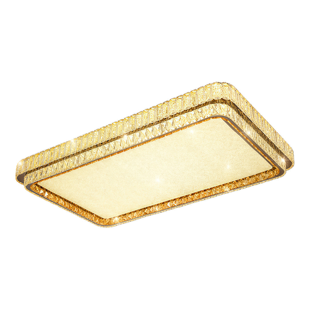 Rectangular contemporary flush mount lighting with glass shade chandelier aesthetic showcasing elongated gold frame with crystals.