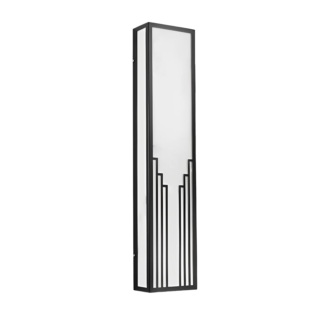 Rectangular exterior wall sconce with a modern design, providing elegant light near a staircase.