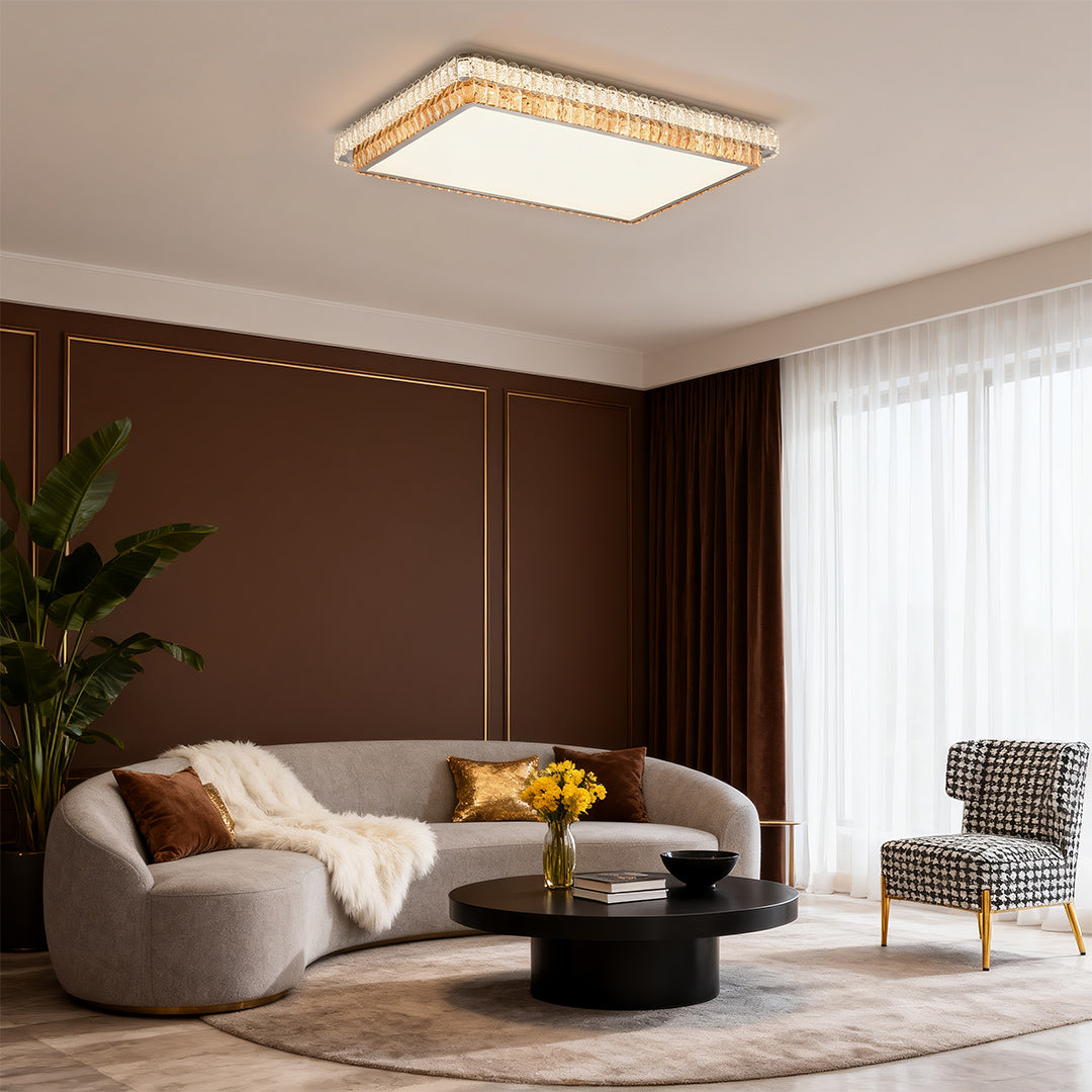 Rectangular flush mount ceiling light modern with gold crystal rim in a living room.