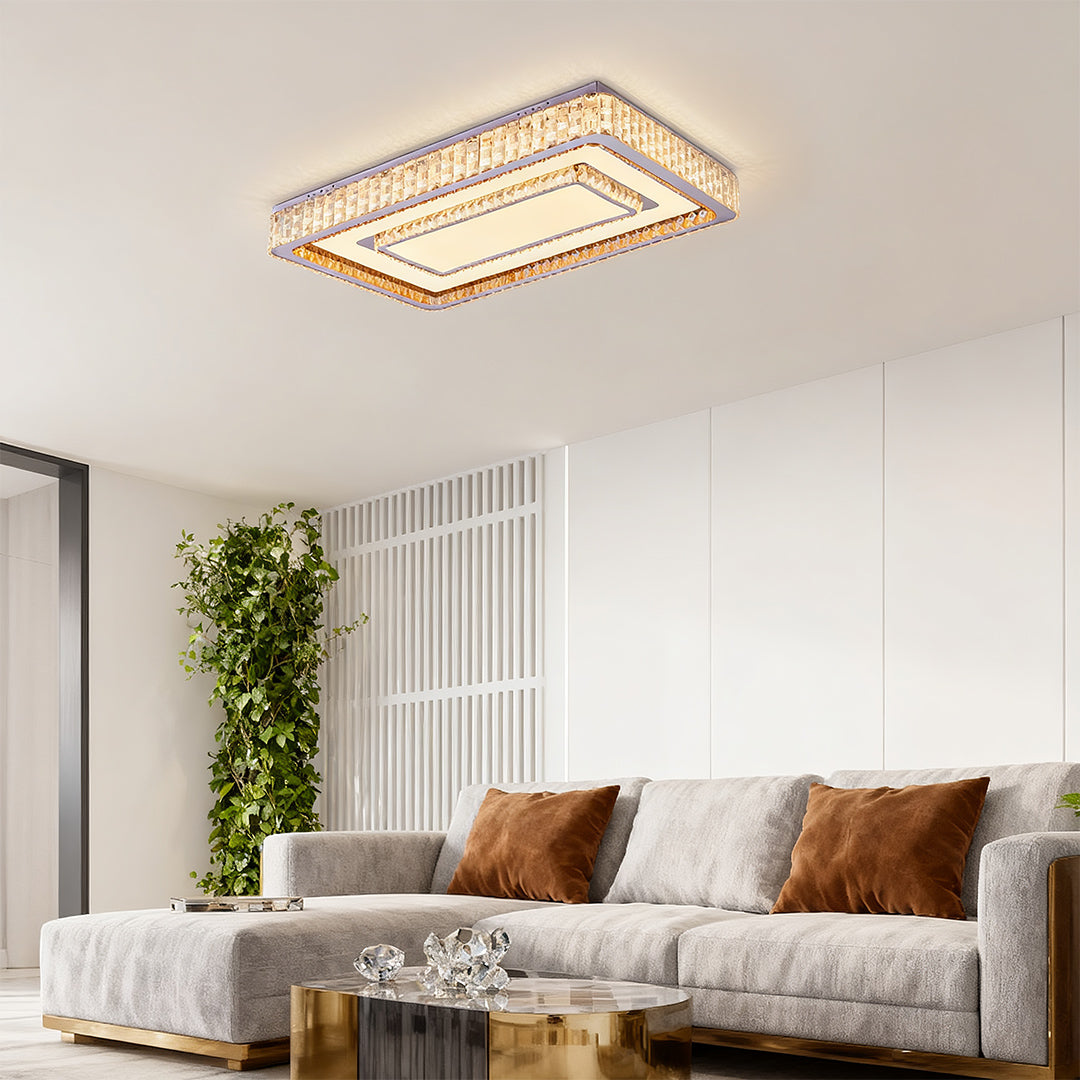 Rectangular flush mount LED ceiling light fixtures illuminating a bright living room.