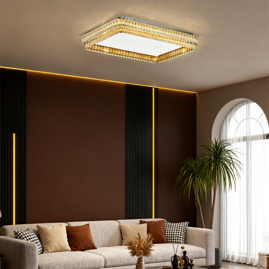 Rectangular flush mount modern light softly brightening a stylish living room decor.