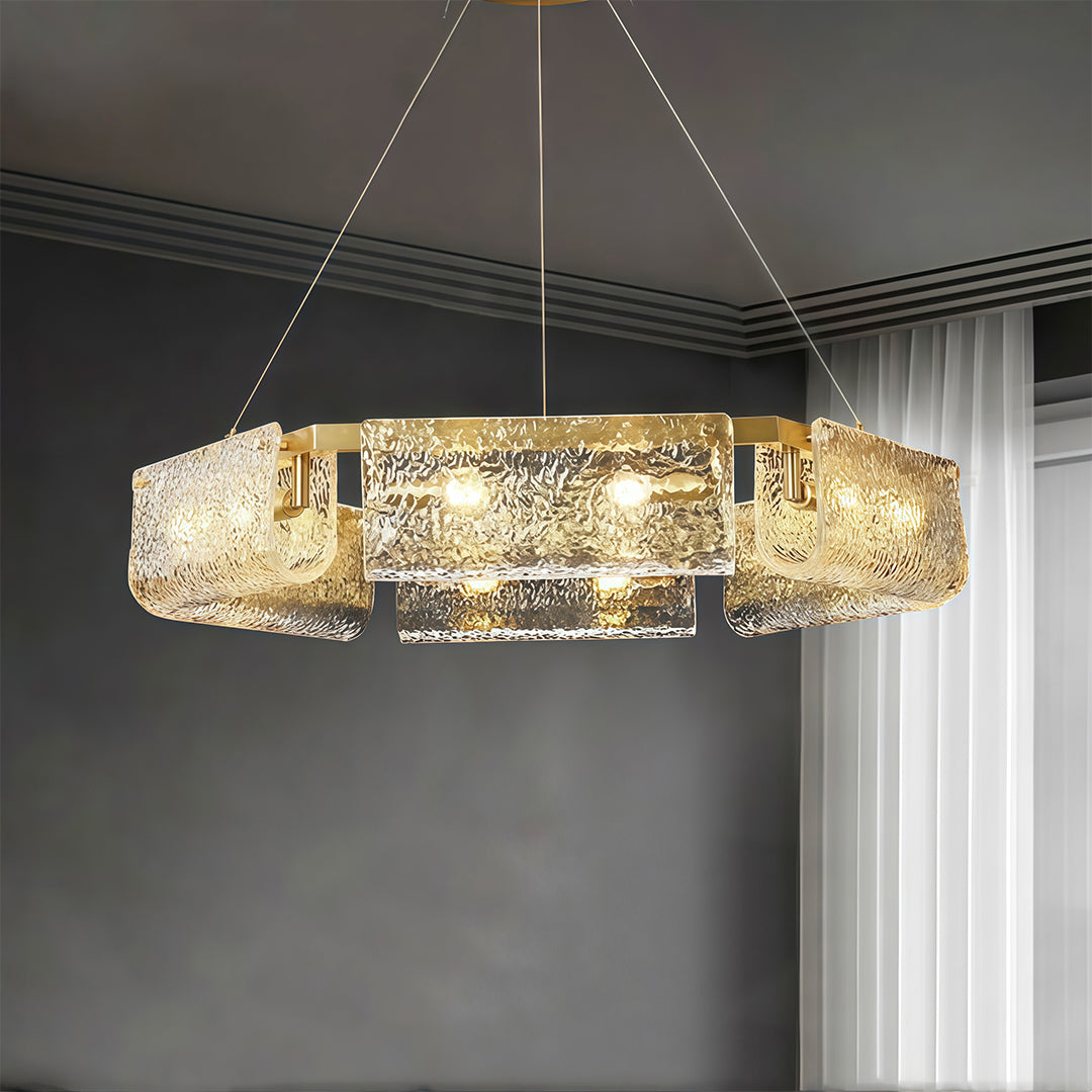 Elevate your interior with a rectangular glass chandelier and italian luxury full brass ceiling light for a refined and elegant atmosphere.