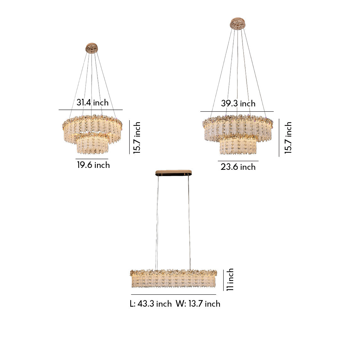 Rectangular gold chandelier crystal dimensions with height and width details.