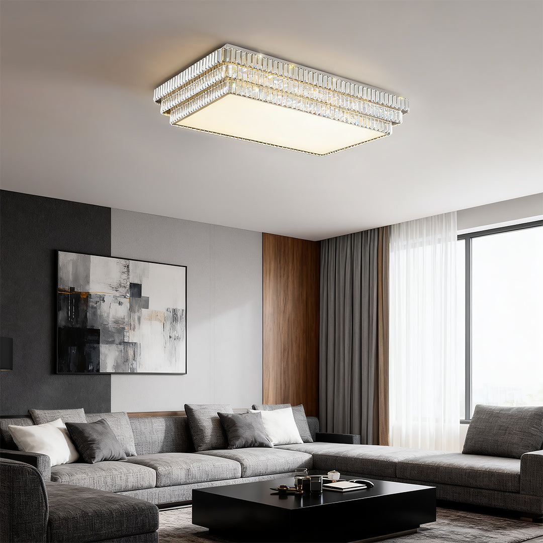 Rectangular LED flush mount lighting installed in a stylish living room.