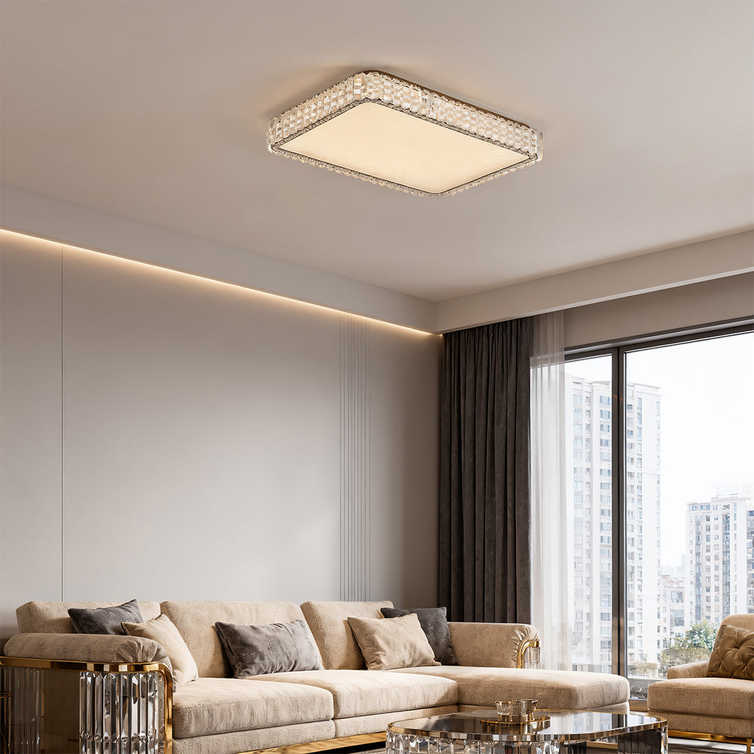 Rectangular LED flush mount ceiling light fixtures creating warm ambiance in a bedroom.