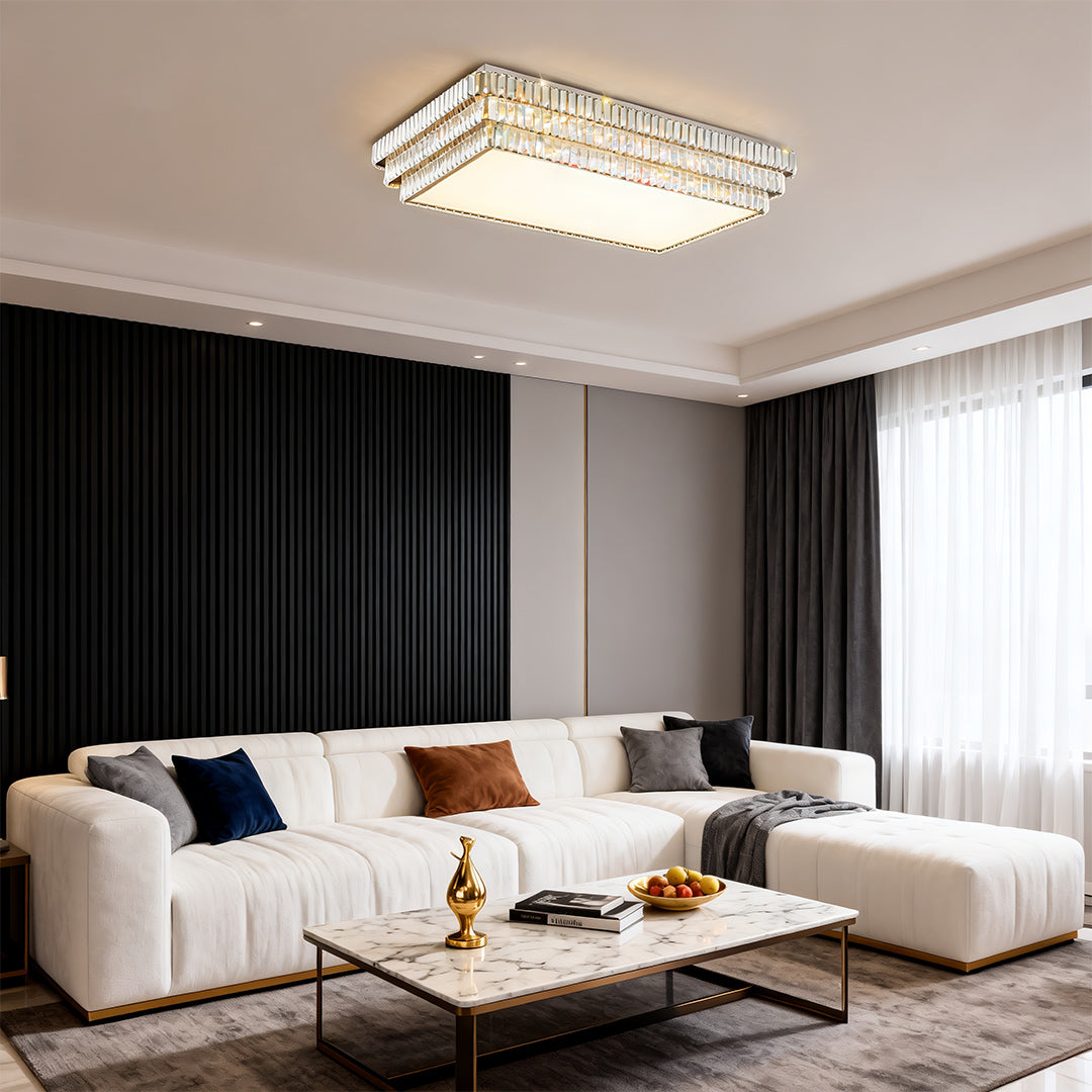 Rectangular LED flush mount lighting with crystal frame and golden accent.