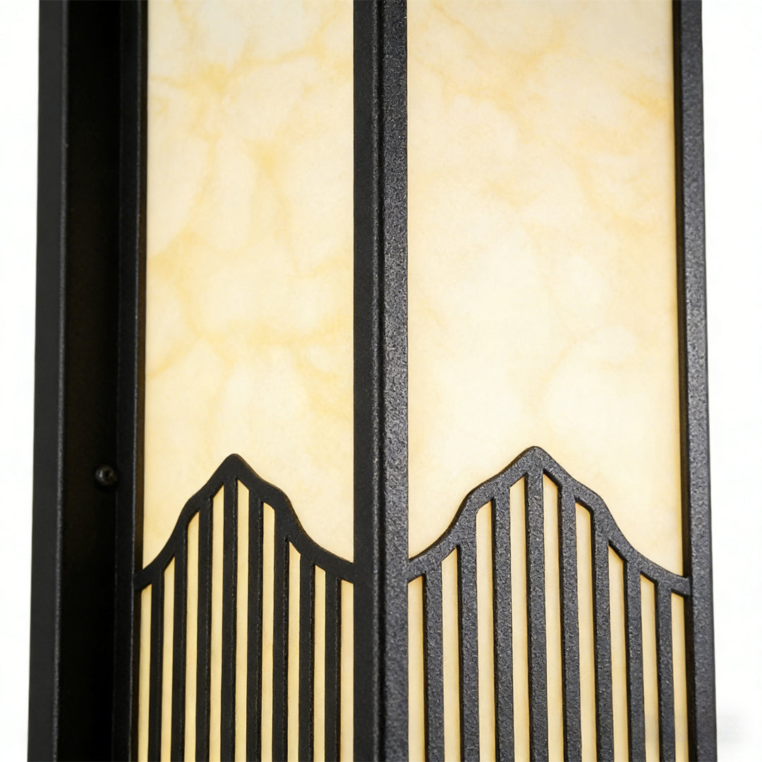 Rectangular outdoor sconce with a close-up of its frosted glass and metal frame.