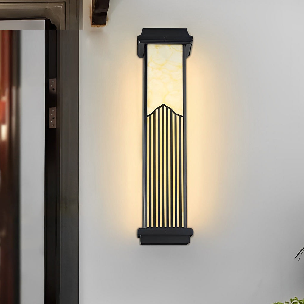 Rectangular outdoor sconce with a minimalist design, mounted on a white wall.