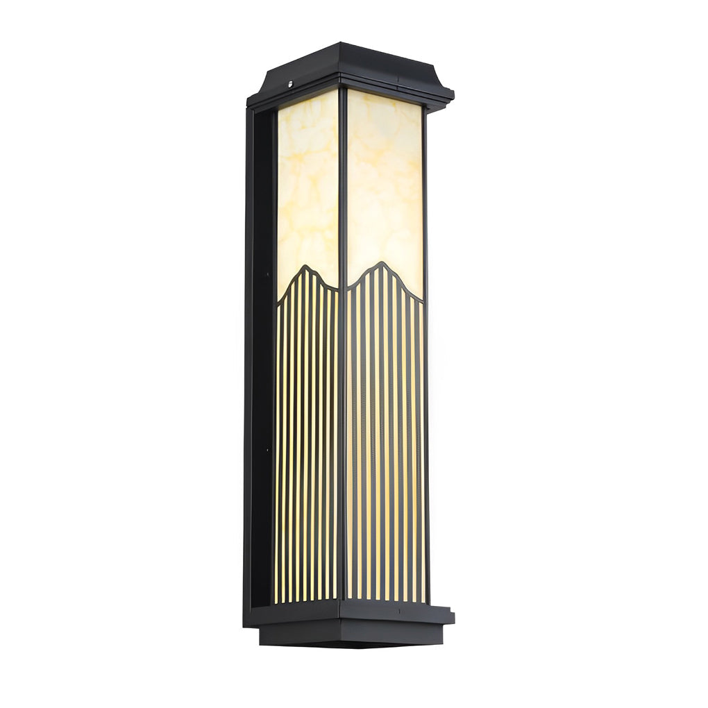 Rectangular outdoor sconce with a modern design, providing elegant lighting near a doorway.