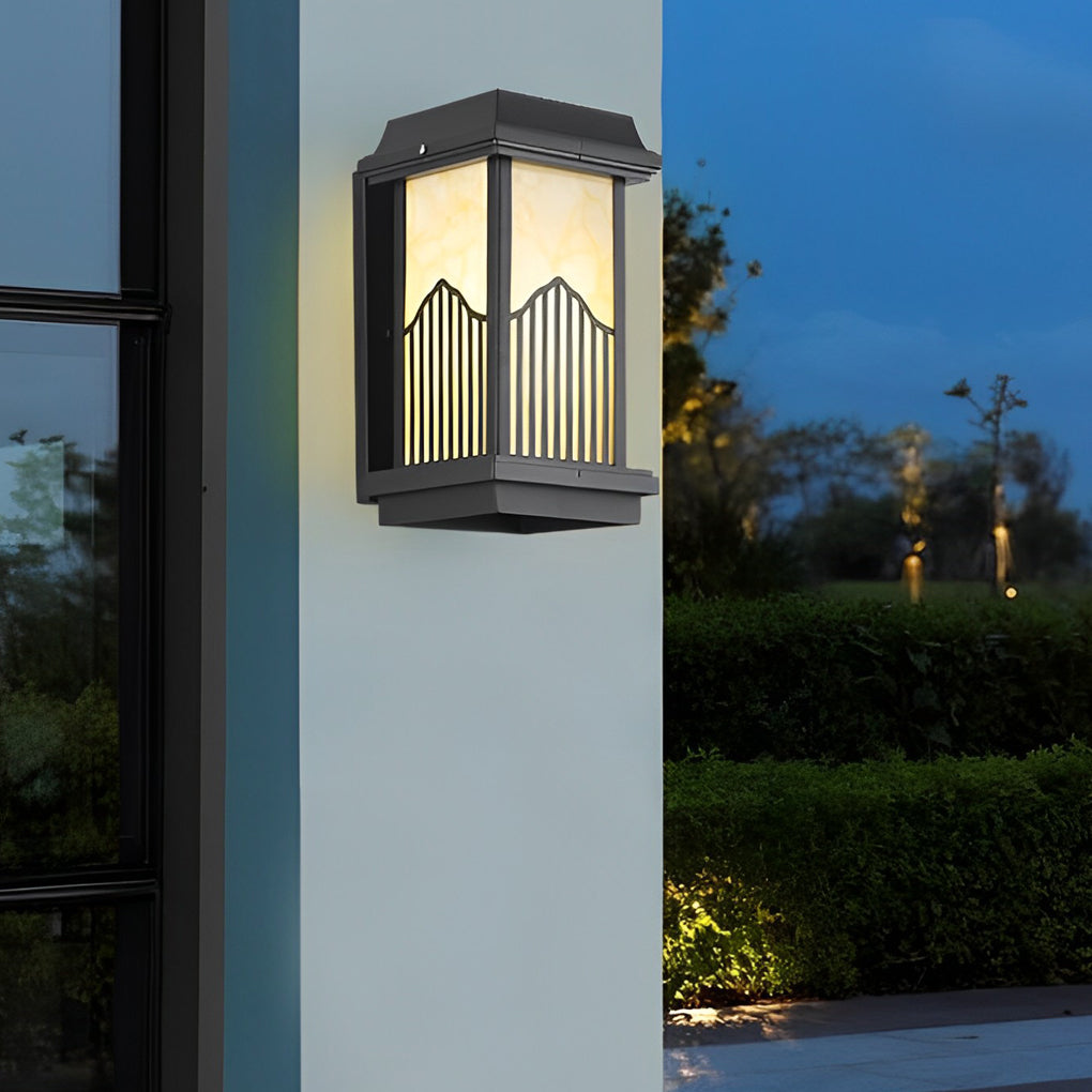 Rectangular outdoor sconce with a sleek design, enhancing a contemporary patio.